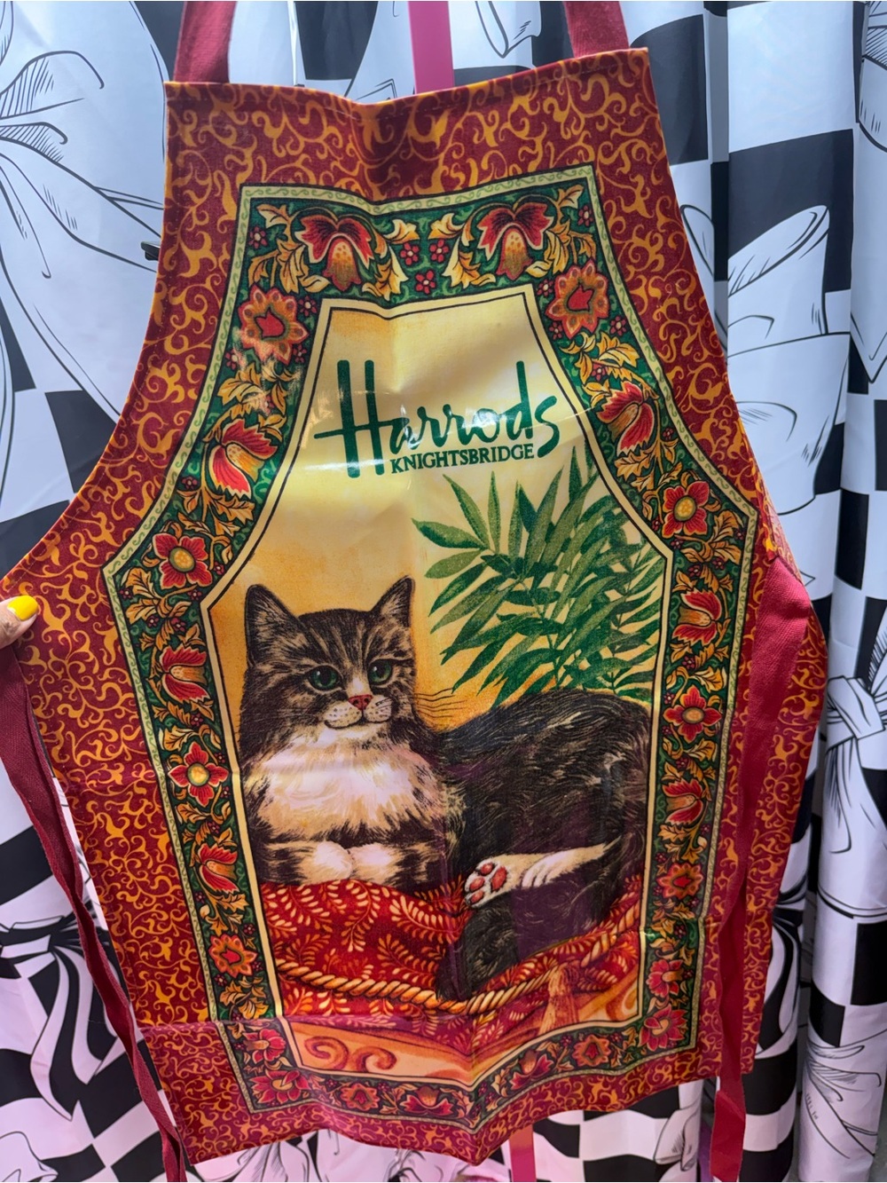 Harrods Vintage Red and Gold Cat Apron